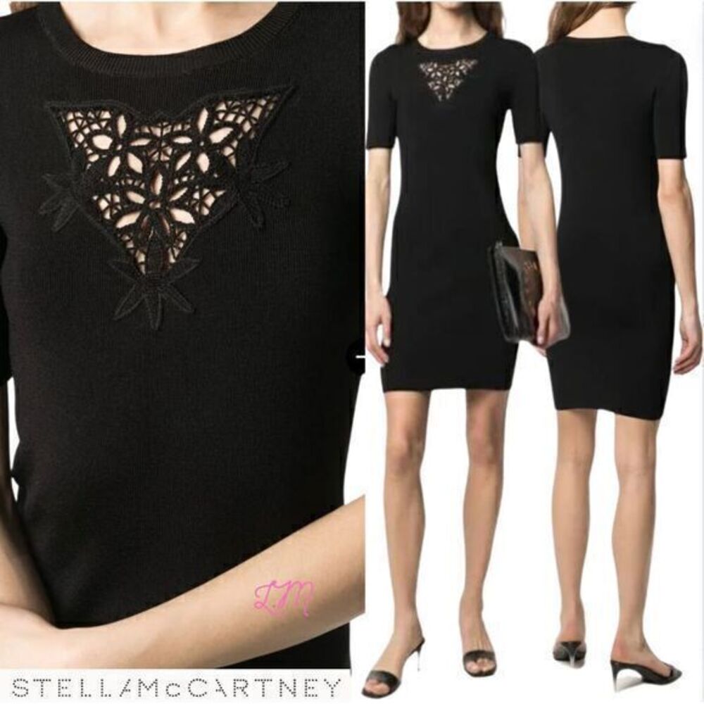 Stella McCartney Embroidered Crochet Chest Ribbed Mini Dress US 8‎ IT 42 Black